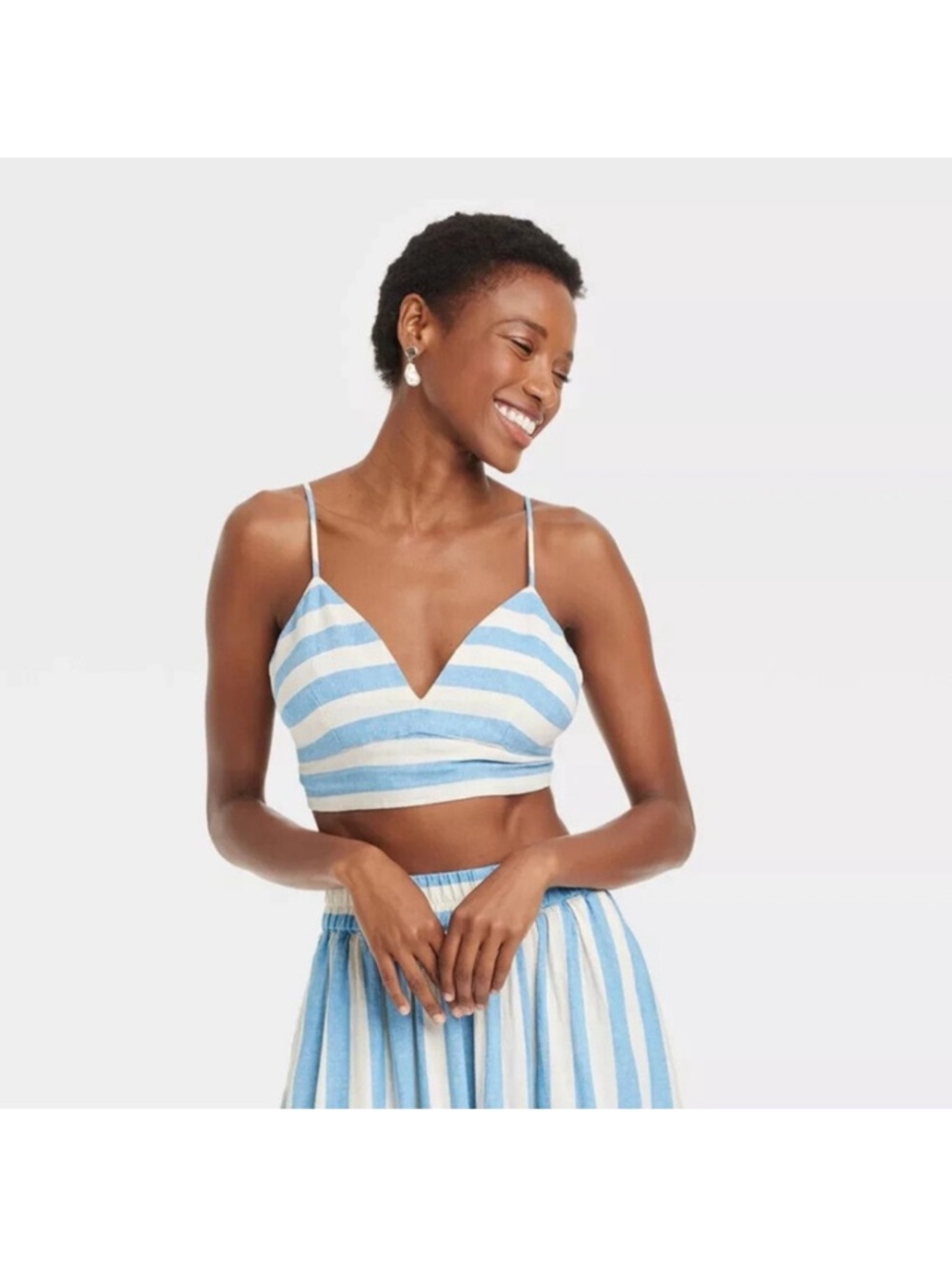 a new day Striped Blue & White Linen blend Crop Top